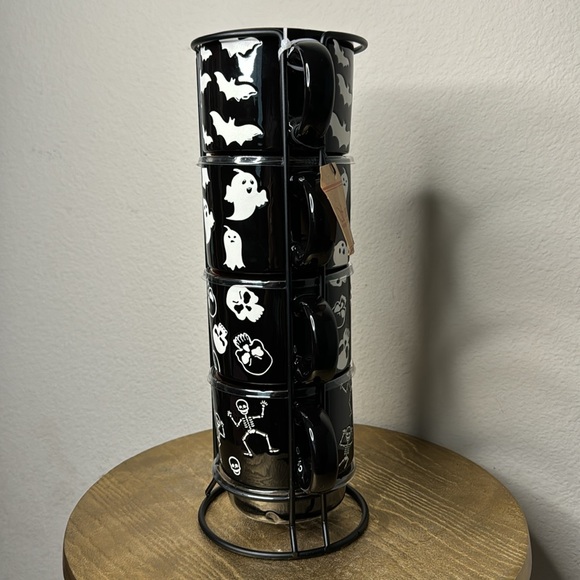Mug stack and wire holder, Halloween black/orange/white, set of four NWT - Picture 3 of 8